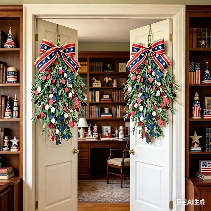 2 Pack 20'' Patriotic Swag Wreaths for Cabinets Artificial 4th of July Teardrop Wreath with Red White Blue Circular and Green Leaves for Independence Day Memorial Day Front Door Porch Window Wall