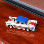 GENUINQ Vintage Classic Car Metal Model, 1950s Style Retro Racer Figurine with Raised Hood Scoop, Red White Blue Patriotic Livery, Man Cave Garage Decor & Collectible Gift