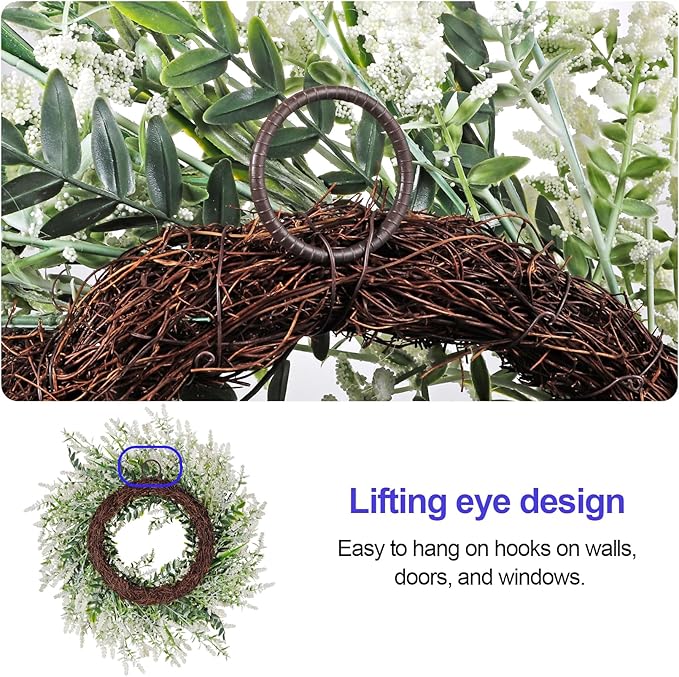 26'' Large Lavender & Eucalyptus Wreath for Front Door - Artificial Eucalyptus Leaves Greenery Outdoor Wreath for Wedding Farmhouse Porch Wall Room Home Decor (White)