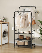 Clothes Racks for Hanging Clothes, Rolling Garment Rack, Clothing Rack with Wheels and Hooks, Double Rod Clothes Rack with Shelves, for Bedroom, Living Room, Laundry Room Black TYM07BB