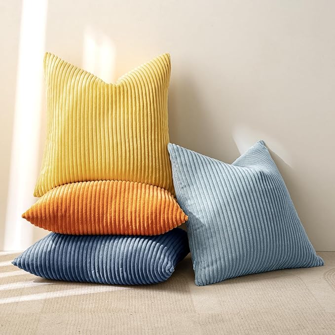 MIULEE Pack of 4 Blue-Orange Corduroy Decorative Throw Pillow Covers 20x20 Inch Soft Boho Striped Pillow Covers Modern Farmhouse Home Decor for Summer Sofa Living Room Couch Bed