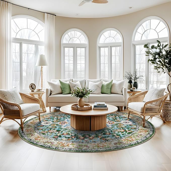 U'Artlines Boho Vintage Round Area Rug 8ft Machine Washable Low Pile Soft Floor Carpet Non Slip Non Shedding Accent Rug for Living Room Bedroom Entryway Dining Room Office Green