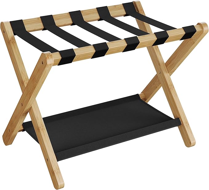 SONGMICS Luggage Rack, Bamboo Luggage Rack for Guest Room, Folding Suitcase Stand, for Hotel, Bedroom, Heavy-Duty, Holds up to 131 lb, Natural Beige URLR007N01