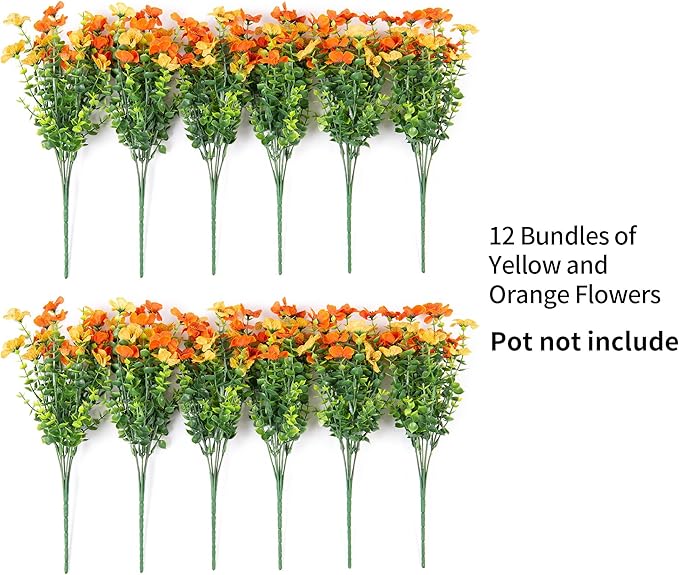Artificial Fake Flowers Plants for Outdoor Spring Decor, 12 Bundles Faux Silk Flowers for Outdoor Outside Planter Colorful Daisy UV Resistant Look Real for Front Door Porch Patio Yard(Yellow Orange)