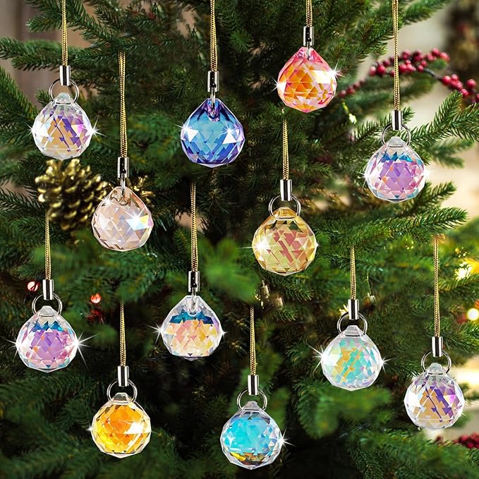 Crystal Suncatcher Ornaments Christmas Tree Decorations, 12PCS Xmas Iridescent Crystal Ball Prism, Mini Round Ball Drop Hanging Ornament for Xmas Tree Suncatcher Chandelier Wedding Party Home Decor