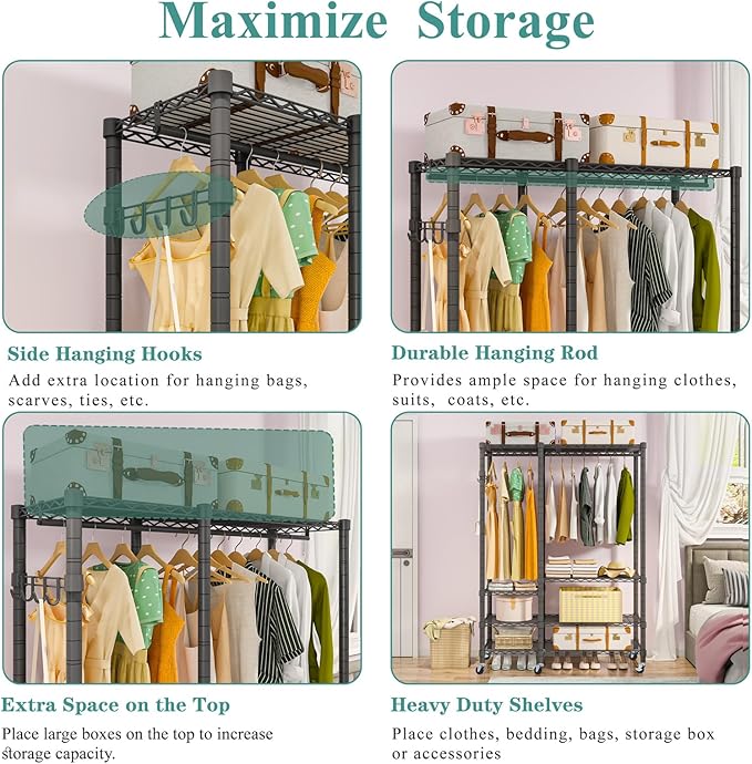 Rolling Clothes Rack, Heavy Duty Garment Rack for Hanging Clothes, Wire Adjustable Rolling Clothing Rack with Lockable Wheels & 2 Hanger Rods, Max Load 850LBS, Black