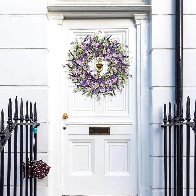 Sggvecsy Purple Daisy Wreath 24 Inch Spring Summer Wreath with Fake Silk Floral Green Eucalyptus Leaves and Lavender for Front Door Window Wall Wedding Farmhouse Festival Decor