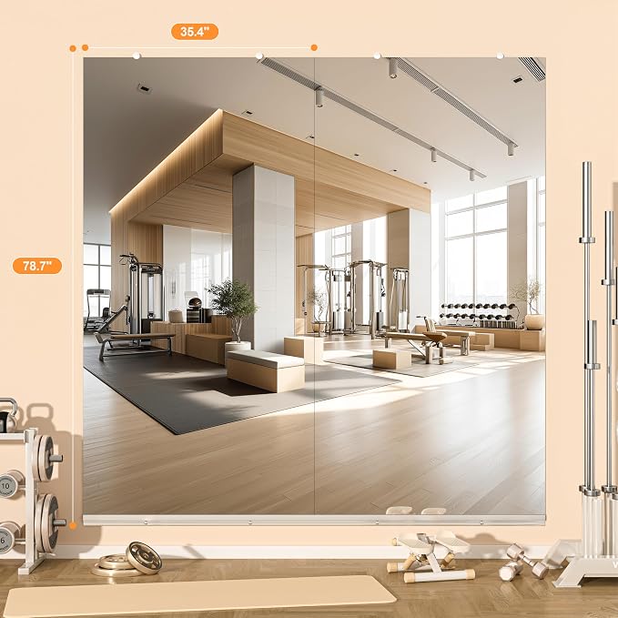 Hasipu Home Gym Mirror, 79"x36" Each, 1-Pack Frameless Wall Mounted Mirrors with Glass Clamps & 1 Aluminum Rail, Large Body Mirror for Home Gym, Yoga Studio, Bedroom, Silver Tempered Glass