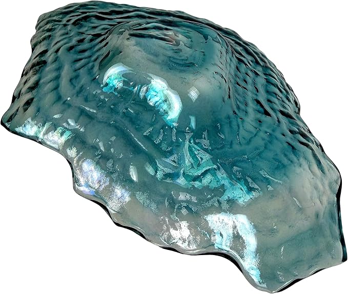 Things2Die4 Oyster Shaped Decorative Plate, 10 X 7.5 Inch Iridescent Sea Blue Glass Accent Dish for Coastal Table Decor, Freeform Wavy Shell Design for Entryway or Living Room