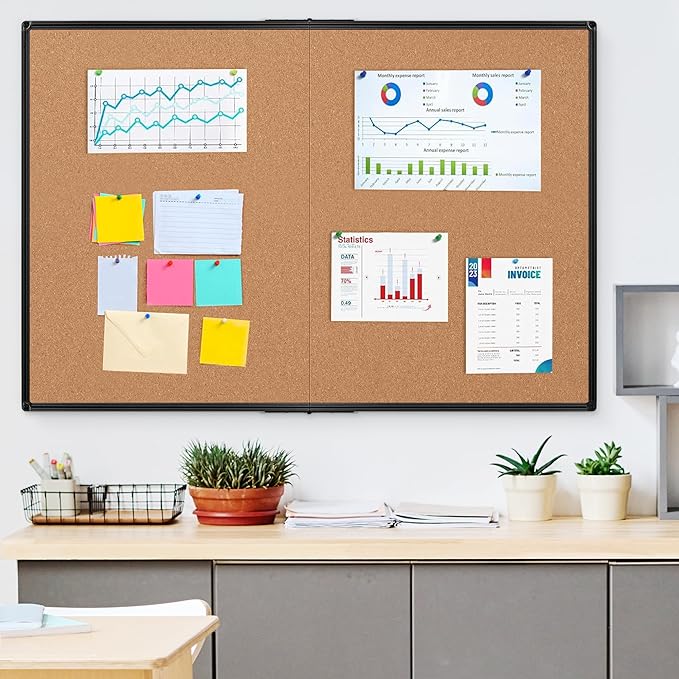 Extra Large Cork Bulletin Board 60" X 36", Foldable Notice Pin Board for Wall, Black Aluminum Framed 5'x3' Corkboard, Wall Mounted Noticeboard with 36 Push Pins for School, Home & Office