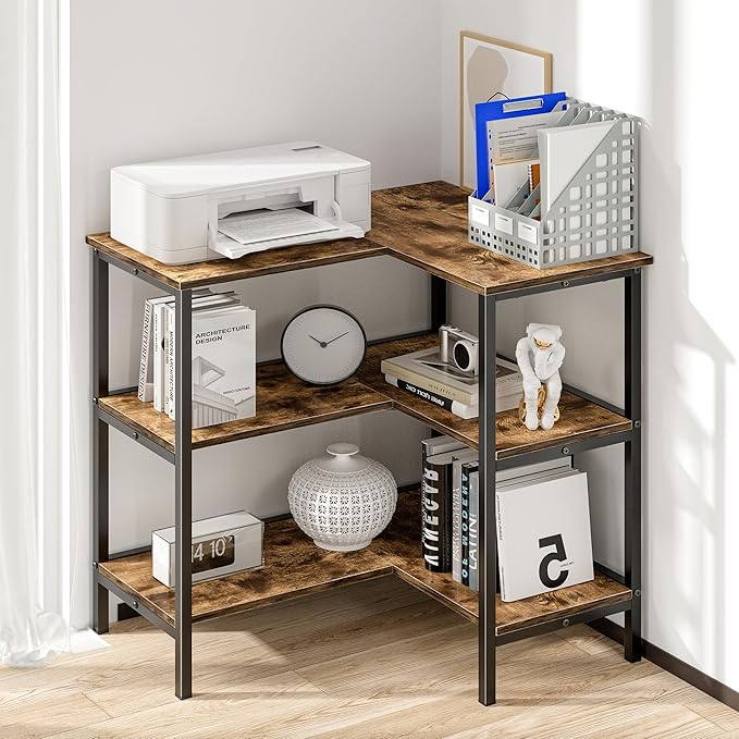 VECELO Corner Cabinet Table with 3 Tier Open Shelf, Multipurpose Display Organizer Storage Stand for Small Space Home Office Kitchen, Brown