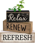 Moucuny 4 Pcs Bathroom Shelf Decor Sign Farmhouse Bathroom Decor and Accessories Rustic Eucalyptus Leaves Block Sign Gift Relax Renew Refresh Farmhouse Table Centerpiece for Home Office Toilet