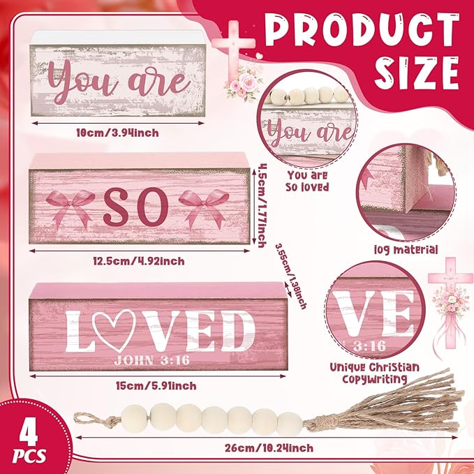 Yuntau 4 Pcs Pink Bow Decoration Christian Gifts for Women Wooden You Are So Love Farmhouse Tiered Tray Decor Inspirational Bible Verse Quotes Block Sign Table Centerpiece for Desk Shelf Room