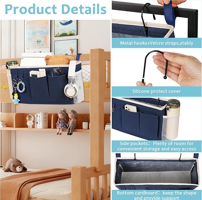 Loghot Bedside Caddy/Bedside Storage Bag Hanging Organizer for Bunk and Hospital Beds,Dorm Rooms Bed Rails,Can be Placed Glasses,Books,Mobile Phones,Keys (2pc Navy Blue)
