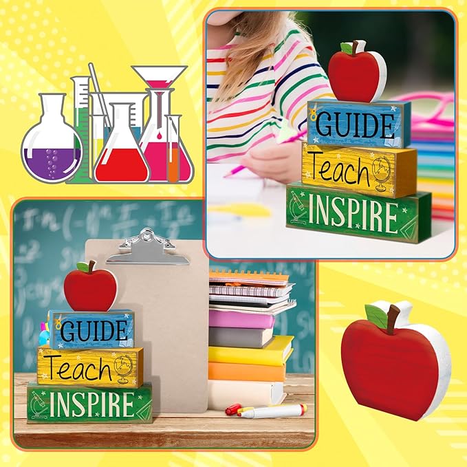 Yuntau 4 Pcs Teacher Appreciation Gift Wooden Apple Table Decoration Guide Teach Inspire Block Sign Apple Tiered Tray Decor Graduation Back to School Teachers Gift for Office Classroom
