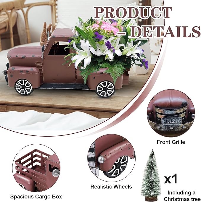 Metal Truck Decor with Handcrafted Flowers Tree, Vintage Farm Pickup Farmhouse Tabletop Tiered Tray Decor, Rustic Farmhouse Decor for Table Top Decor Home Kitchen(Wine Red)