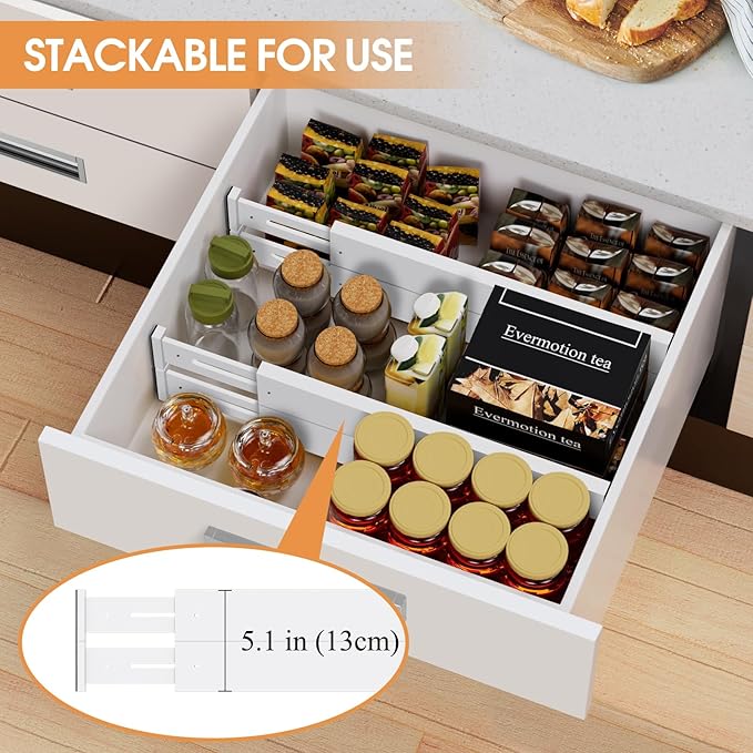 Bamboo Drawer Dividers,17-22" Adjustable Kitchen Drawer Organizer for Clothes,8 Pack Expandable Drawer Organization Separators for Bedroom,Bathroom,Dresser and Office,White