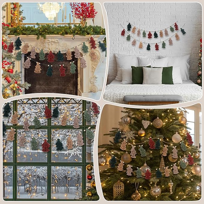 Breling 2 Pcs Christmas Boho Tassel Garland with Wood Beads 60 Inch Rustic Hanging Decor in Neutral Earth Tones Holiday Banner Woodland Office Fireplace Mantel Wall Christmas Decoration Indoor Outdoor