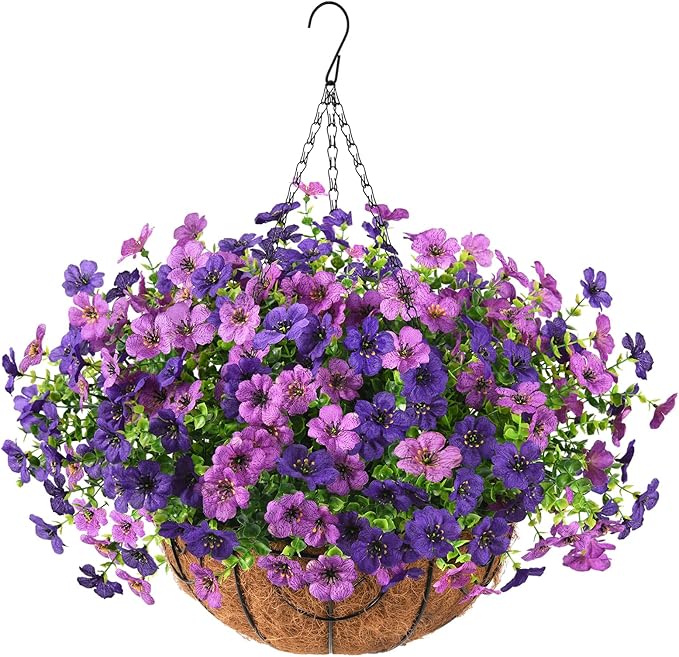 Artificial Faux Hanging Baskets Flowers Plants for Outdoor Spring Decoration, Fake Silk Daisy Outside Indoor UV Resistant Look Real Yard Patio Front Porch Garden Balcony Home Decor(Double Purple)