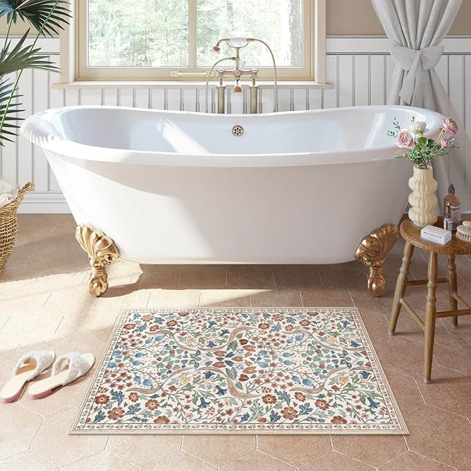 Moynesa Floral 2x3 Rugs for Entryway, Washable Kitchen Rug Non Slip Small Bathroom Throw Rug, Boho Flower Soft Ultra Thin Indoor Front Door Mat for Laundry Bedroom Entry, Beige