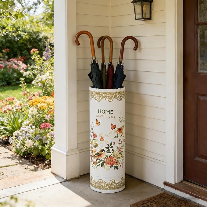 Vintage Metal Umbrella Holder Rustic Round Umbrella Stand Entryway Decorative Organizer Bucket for Home/Office/Farmhouse - Holds Multiple Umbrellas Canes & Walking Sticks (White)