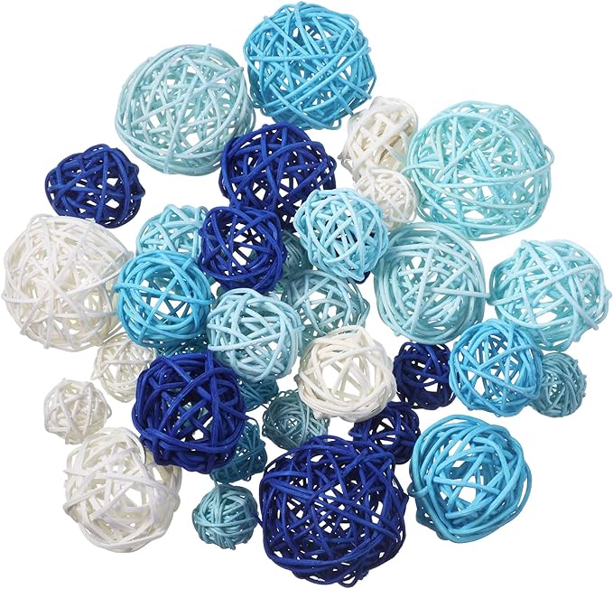 Patelai 36 Pcs Wicker Rattan Balls Decorative Balls for Vase Centerpiece Bowls Orbs Filler for Home Decor,4 Sizes(White, Blue Series,2.4'',2'',1.6'',1.2'')