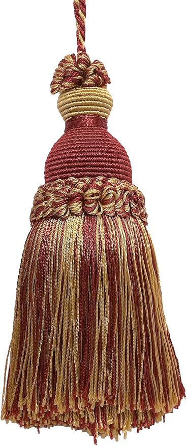 DÉCOPRO Beautiful Hand-Crafted 5" (12.5cm) Key Tassel, 3 1/2" (8.5cm) Loop # IKTJ, Burgundy Gold #1253 (Carmine Red, Yellow Gold, Dark Red) Set of 4