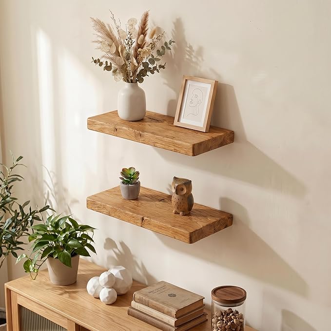 Dreamland Solid Elm Wood Floating Shelves, 18" W x 8" D Floating Shelf Wall Mounted, 8 Inch Deep Wall Shelves - Wooden Bathroom Shelf, Deep Bookshelf for Living Room, Kitchen Wall Shelf, Set of 2