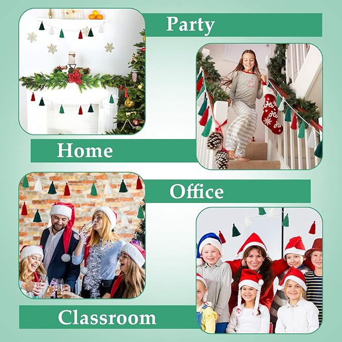 WILLBOND 4 Pieces Valentine's Day Tassel Garland for Classroom Wall Decor Boho Pastel Garland Cotton Tassel Banners for Party School(3.1 Inch,Red, White, Light Green, Dark Green)