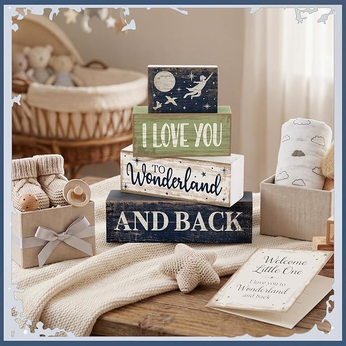 Lineshading 4 Pcs Fairy Tale Nursery Wooden Stacked Signs Decor - "i Love You to Wonderland and Back" Wooden Signs, Rustic Tabletop Decor for Newborn Baby Bedroom Playroom Baby Shower Gifts