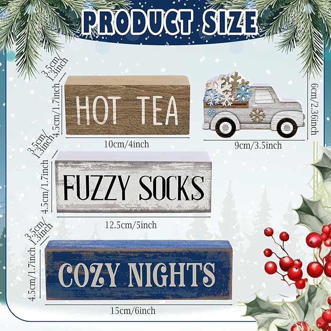 Lineshading 4 Pcs Winter Table Decorations Wooden Snowflake Truck Winter Tiered Tray Decor Christmas Centerpiece Rustic Decorative Truck Block Sign Gift Farmhouse Christmas Decor for Home Kitchen