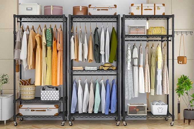 Heavy Duty Rolling Garment Rack, 3 Tiers Wire Shelves Adjustable Freestanding Portable Rolling Clothing Rack with Lockable Wheels, 35.4''L x 15.8''W x 78.8''H, Max Load 420LBS
