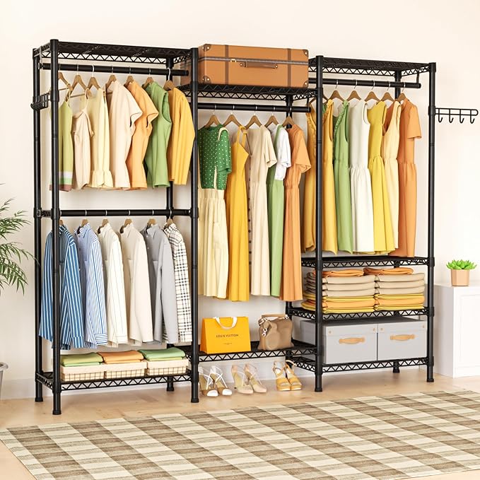 Heavy Duty Garment Rack Clothes Rack,Large Metal Closet Organizer System Storage Wardrobe,Freestanding Clothing Rack with 8 Adjustable Wire Shelves&4 Hang Rods,MaxLoad 800lbs