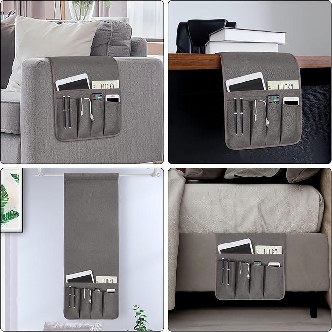 NB Remote Control Holder，Bedside & Armchair & Couch Caddy with Non-Slip Base，5 Pockets Oxford Fabric Bed Desk Storage Pocket for Phone Tablet Kindle Magazines，Gifts for Seniors (Dark Grey, 35"X12.4")