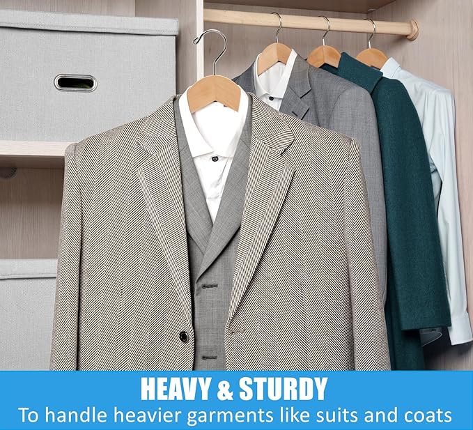 Amber Home 6 Pack Wide Shoulder Wooden Suit Hangers, Natural Wood Coat Hangers with Non Slip Pants Bar, Clothes Hangers for Jackets, Sweaters, Pants & Heavy Clothes (Natural, 6 Pack)
