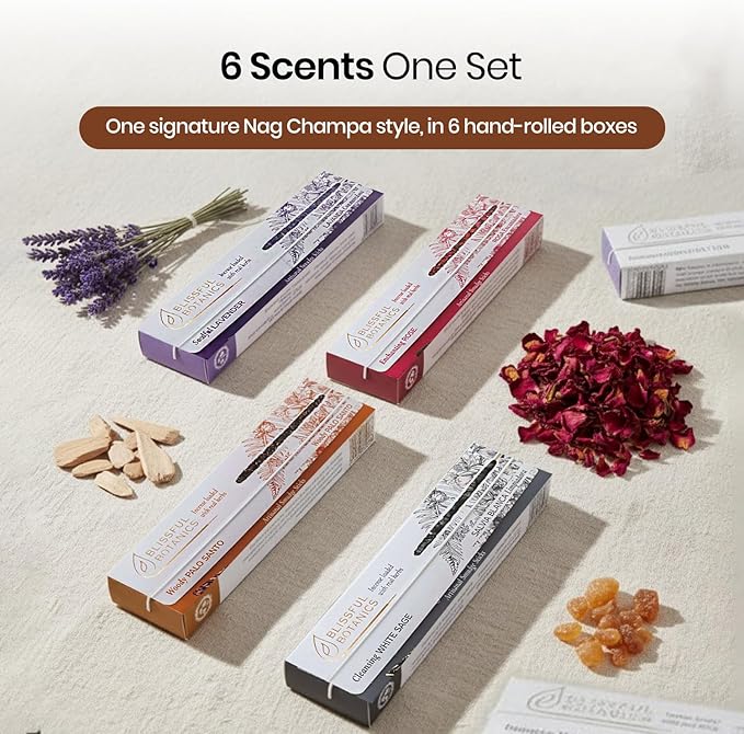 Tulasi Smudge Incense Sticks Gift Pack – 6 Scents x 40g Each – White Sage, Palo Santo, Lavender, Frankincense, Sandalwood, Rose - 48 Natural Herbal Incense for Yoga, Meditation