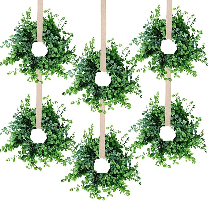 6 Pcs Mini Green Boxwood Candle Rings Wreaths Spring Summer Kitchen Cabinet Swags Wreath 3 Inch Wedding Rings Wreaths Pillar Candle Holder for Wedding Home Door Tabletop Decor