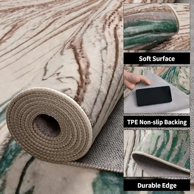 Ciicool Abstract Swirl Area Rug Indoor, 5x7 Washable Entryway Rug, Modern Soft Throw Entry Rug with Non-Slip Backing for Bedroom Living Room Entrance Kitchen, Low-Pile Floor Carpet Doormat Green