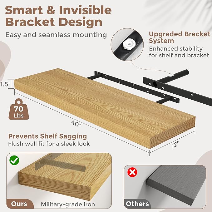 40 Inch Long Floating Shelves for Wall Set of 2, 12"D Wood Grain Bathroom Shelves with Invisible Brackets, Easy Install Engineered Wood Storage Shelves for Kitchen, Living Room, Bedroom, Oak Finish