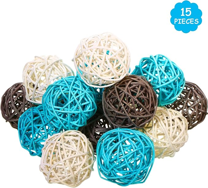 Yaomiao 15 Pieces Wicker Rattan Balls Decorative Orbs Vase Fillers for Craft, Party, Wedding Table Decoration, Aromatherapy Accessories, 1.8 Inch(Light-Blue White Gray)
