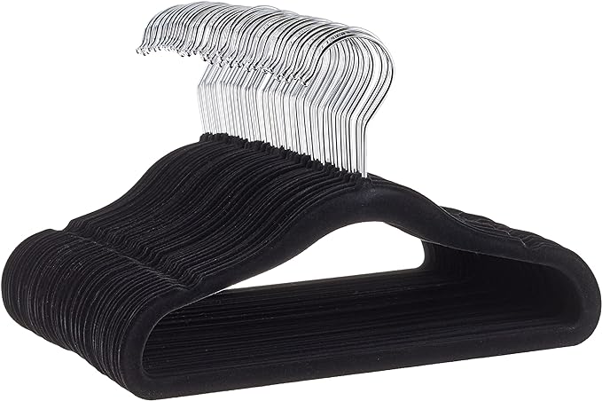 Amazon Basics Kids Velvet, Non-Slip Clothes Hangers for Infant and Toddler, 11.6 in (for baby clothes), Pack of 50, Black