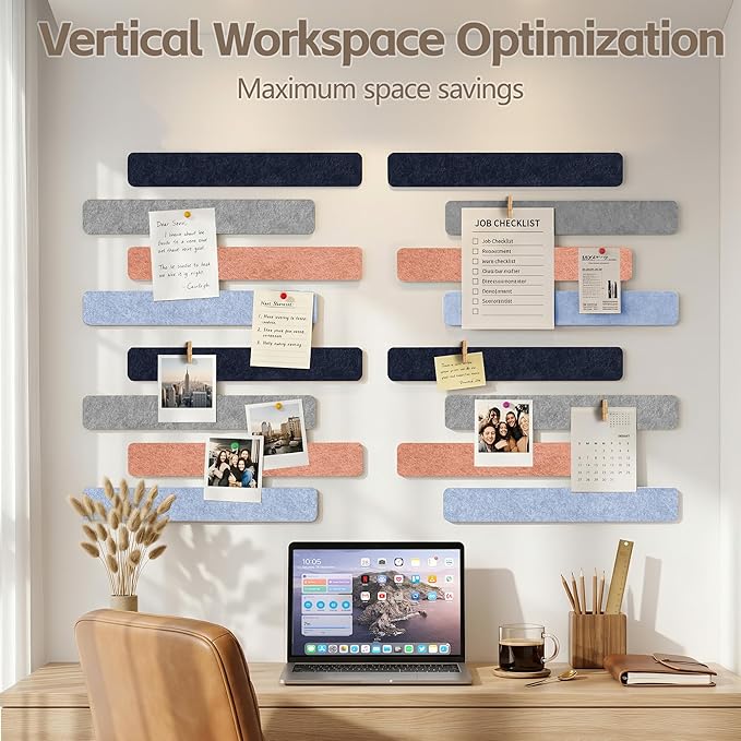 Cork Board for Walls - 8 Pack Felt Pin Board Bar Strips - Self-Adhesive Lightweight Bulletin Board - Cork Board for Office with 40 Push Pins No Damage for Wall