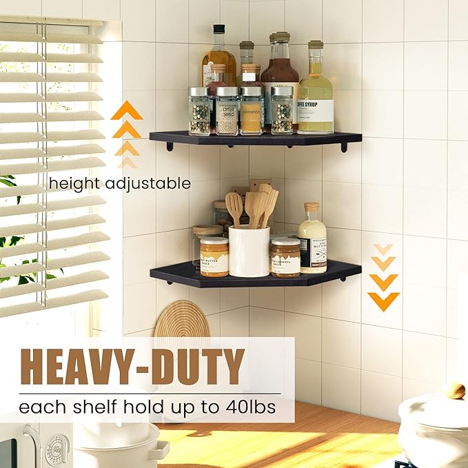 Fun Memories Corner Shelf Wall Mount, Floating Corner Shelves, Set of 4 Corner Wall Shelf Organizer, Rustic Wood Wall Storage Display Shelves for Living Room Bedroom Bathroom Kitchen, Classic Black