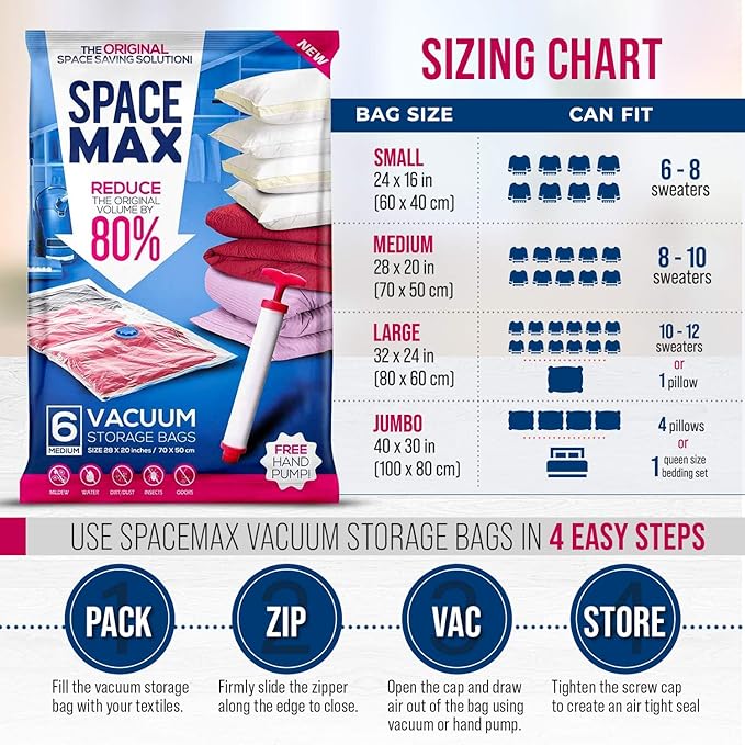 Medium 6 Pack | SPACE MAX Premium Space Saver Vacuum Storage Bags - Save 80% More Storage Space - Reusable, Double Zip Seal & Leak Valve, Includes Travel Hand Pump