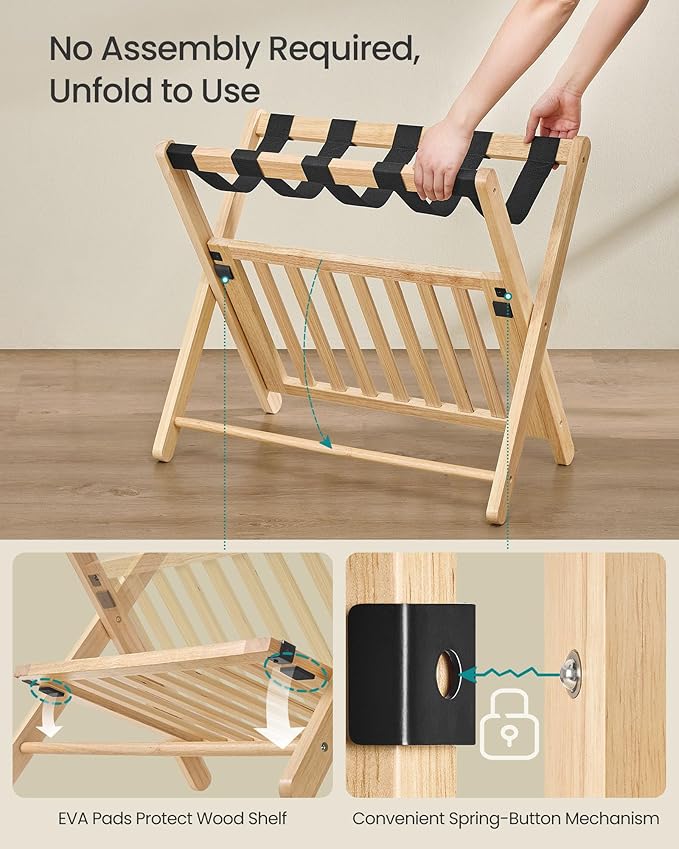 SONGMICS Solid Wood Luggage Rack, No Assembly Required, Foldable Suitcase Stand, Luggage Holder, with Storage Shelf, for Guest Room, Hotel, Bedroom, Natural Beige URLR020N02