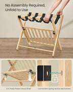 SONGMICS Solid Wood Luggage Rack, No Assembly Required, Foldable Suitcase Stand, Luggage Holder, with Storage Shelf, for Guest Room, Hotel, Bedroom, Natural Beige URLR020N02