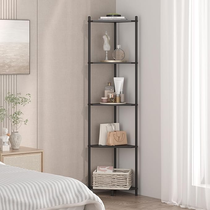 Wisuce Corner Shelf Stand - 5 Tier Black Bamboo Small Corner Bookshelf for Office Kitchen Bedroom Plant Stand Living Room Decor Small Space