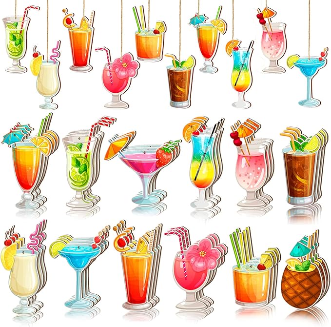 Geelin 36 Pcs Summer Wood Hanging Ornaments for Tree Mini Tree Decorations Hawaiian Beach Wooden Pendant Decorations with String for Luau Party Supplies(Cocktail)