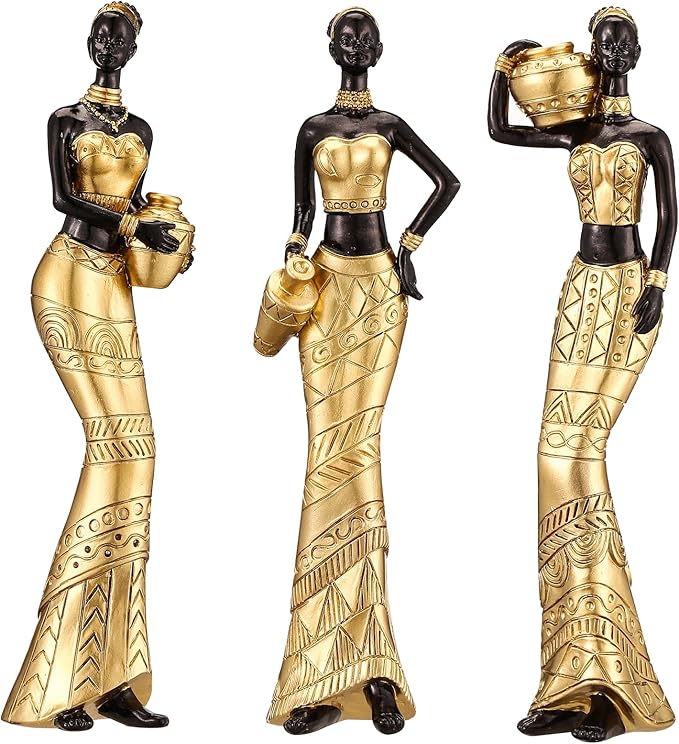 3 Pack African Art Sculptures- Vintage African Statues For Home Decor- Women's Tribal African American Figurines- Bookshelf, Office Decor- Deal For Birthday, Christmas, Thanksgiving, Mom Gifts-Gold
