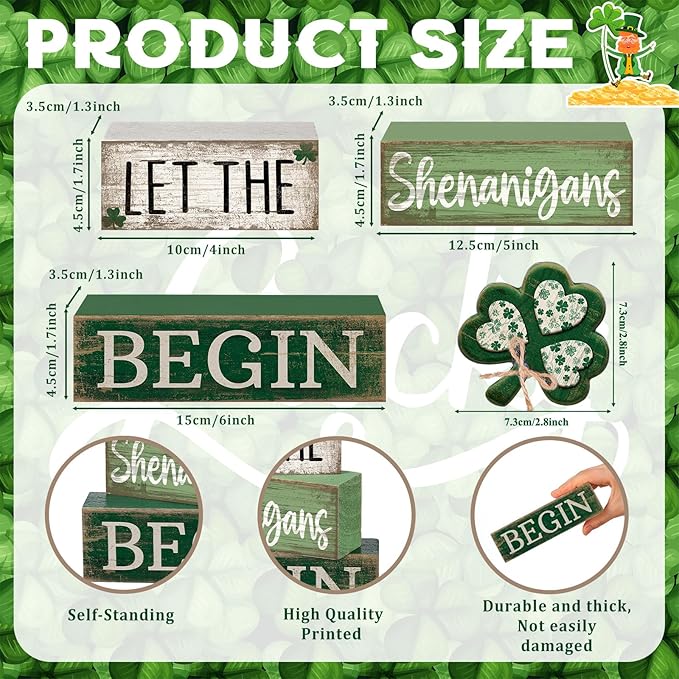 Lineshading 4 Pcs St Patricks Day Table Decor Wooden Shamrocks St Patrick's Day Tiered Tray Decor Irish Centerpiece Green Lucky Shamrocks Block Signs for Saint Patty's Party Home Kitchen